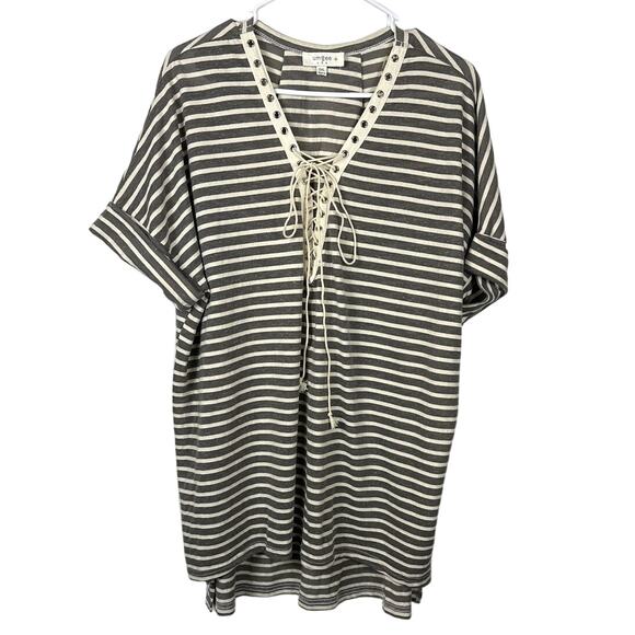 Umgee 2xl Plus Gray Cream Striped Lace Up Tie short sleeve top nautical preppy - Picture 1 of 11